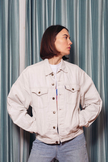 Veste en jean blanc sérigraphiée I'm a Tigirl x La fête Sauvage